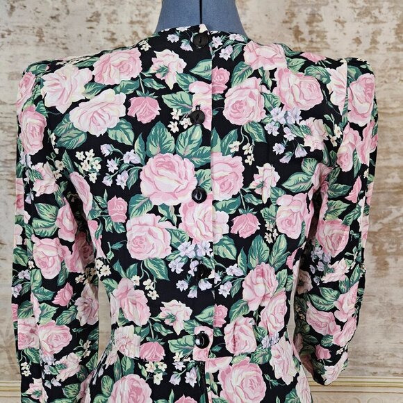 Vintage 1980s Drop Waist Floral Dress S Cottagecore RomCom Pink Rose Vtg 80s - Picture 9 of 12